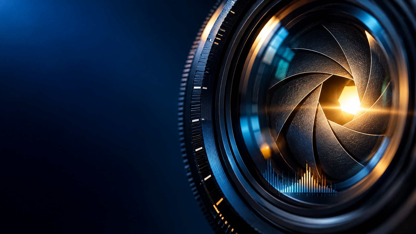 Concept illustration of a camera aperture with blue focus rings and warm light