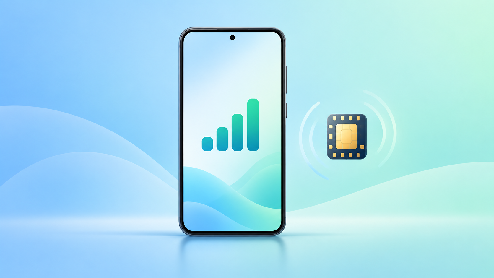Illustration of green cellular signal bars on a generic phone beside an eSIM symbol