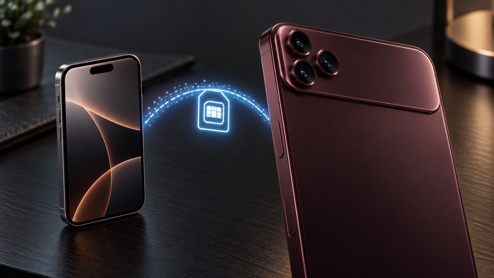 Illustration of transferring an eSIM to an iPhone 18 Pro with a wide rear camera plateau