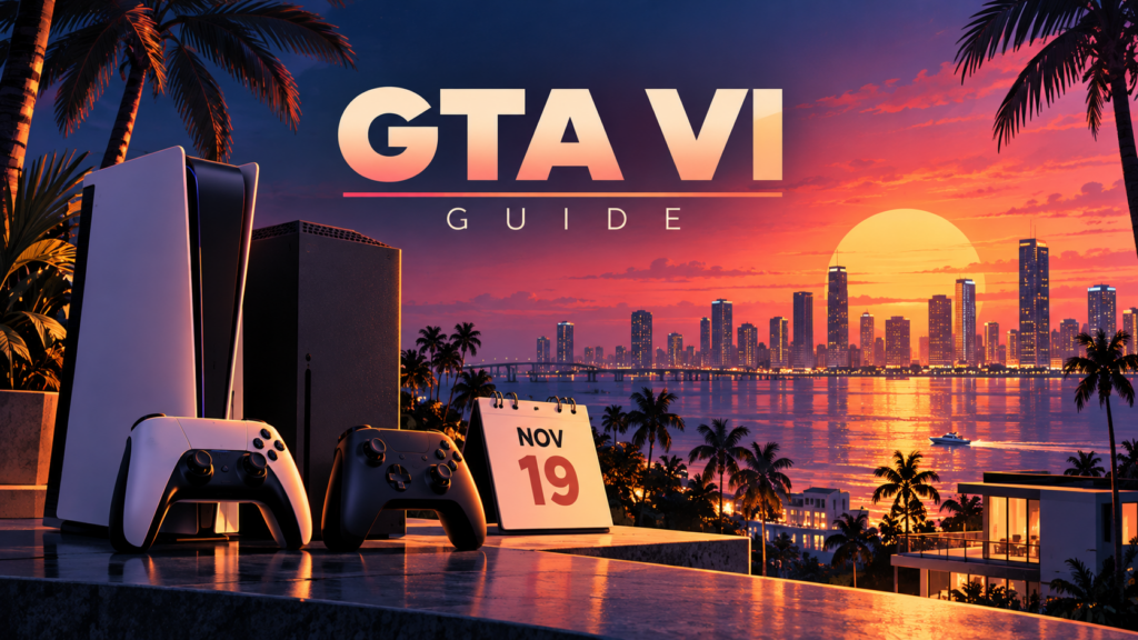 Illustration of game consoles beside a November 19 calendar against a sunset city skyline for the GTA VI guide
