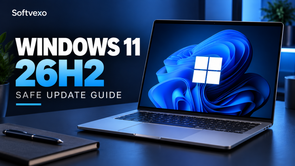 Illustration of a laptop with the Windows logo and Windows 11 26H2 Safe Update Guide headline