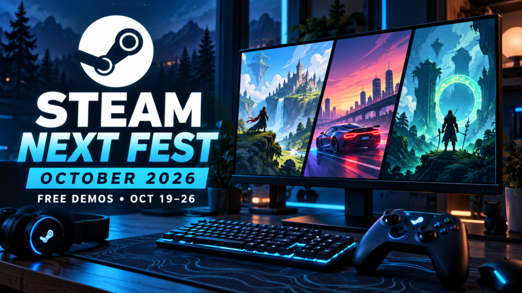 Steam Next Fest October 2026 editorial illustration with Steam logo, gaming monitor and free demo dates October 19–26