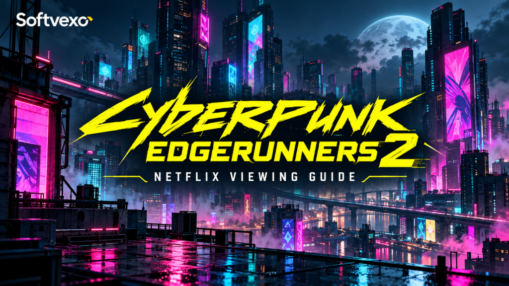 Cyberpunk Edgerunners 2 Netflix Viewing Guide title over an illustrated neon city skyline at night.