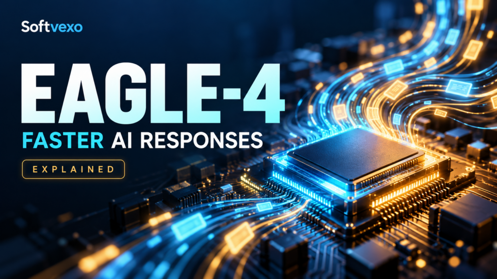 EAGLE-4 Faster AI Responses Explained title beside an illustrated processor with cyan and amber light trails.