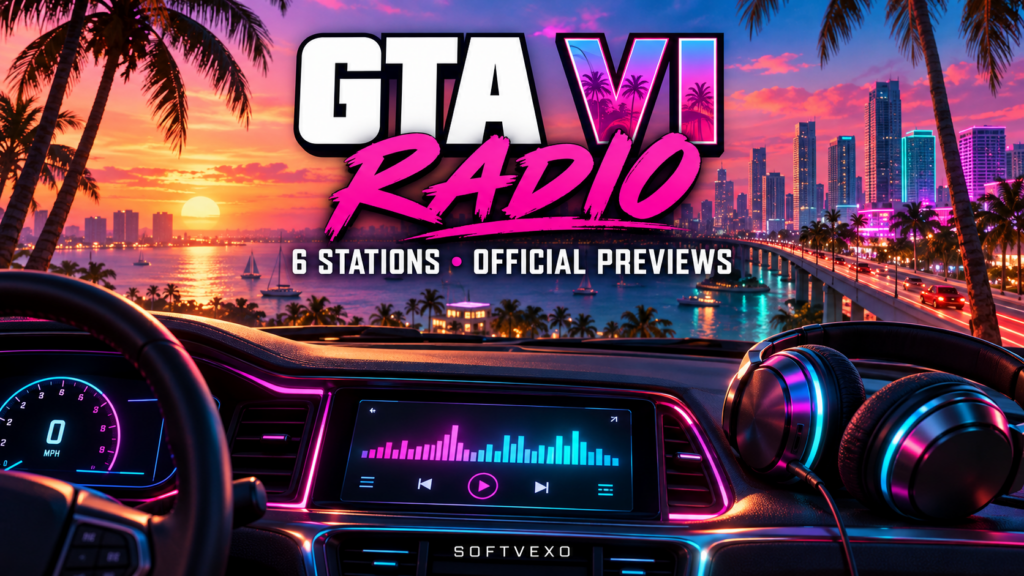 Original illustration of a car radio and headphones overlooking a neon coastal city at sunset, with GTA VI Radio and six official previews headline.