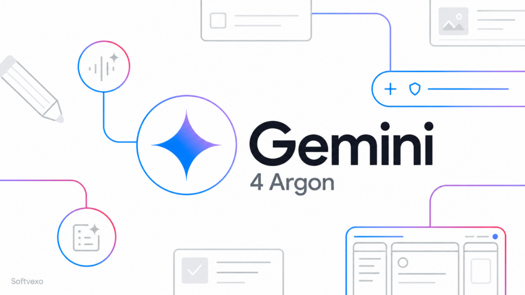 Gemini spark logo beside the words Gemini 4 Argon on a white background with outlined productivity icons