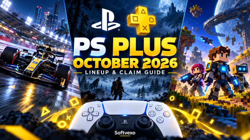 PS Plus October 2026 claim guide illustration with PlayStation logos, controller, racing car, hunter and voxel heroes