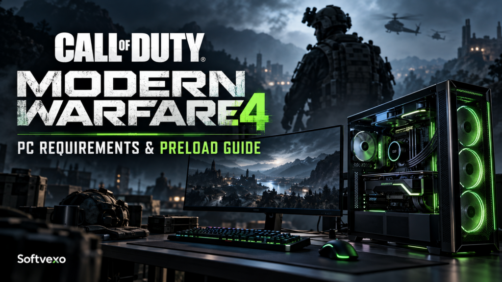 Modern Warfare 4 PC requirements and preload guide illustration with a gaming PC and soldier
