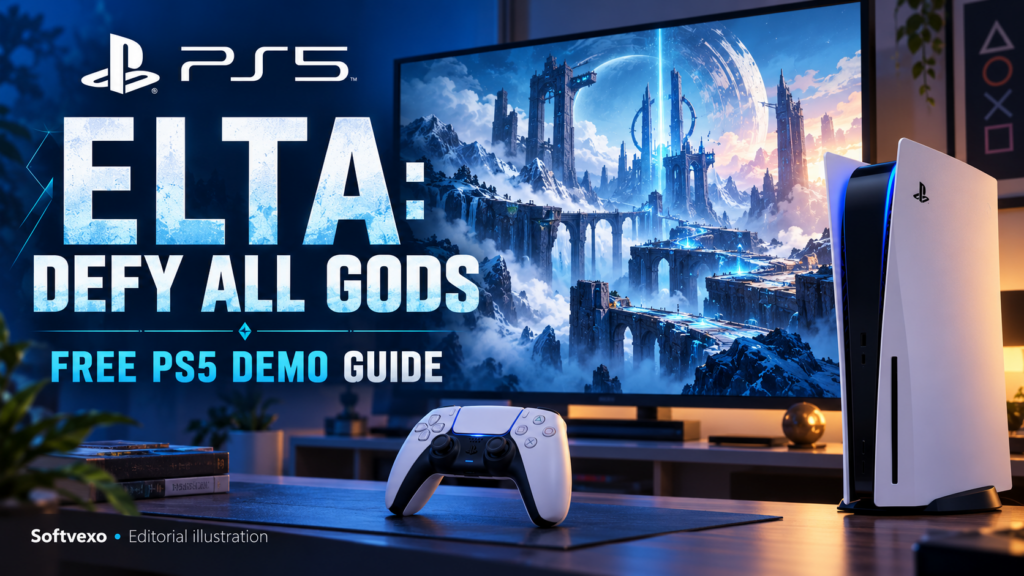 PS5 console and DualSense controller beside an original icy science-fiction landscape, with Elta Defy All Gods Free PS5 Demo Guide text.