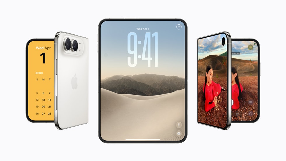 Three iPhone Duo devices showing folded and unfolded designs in Apple's official product image